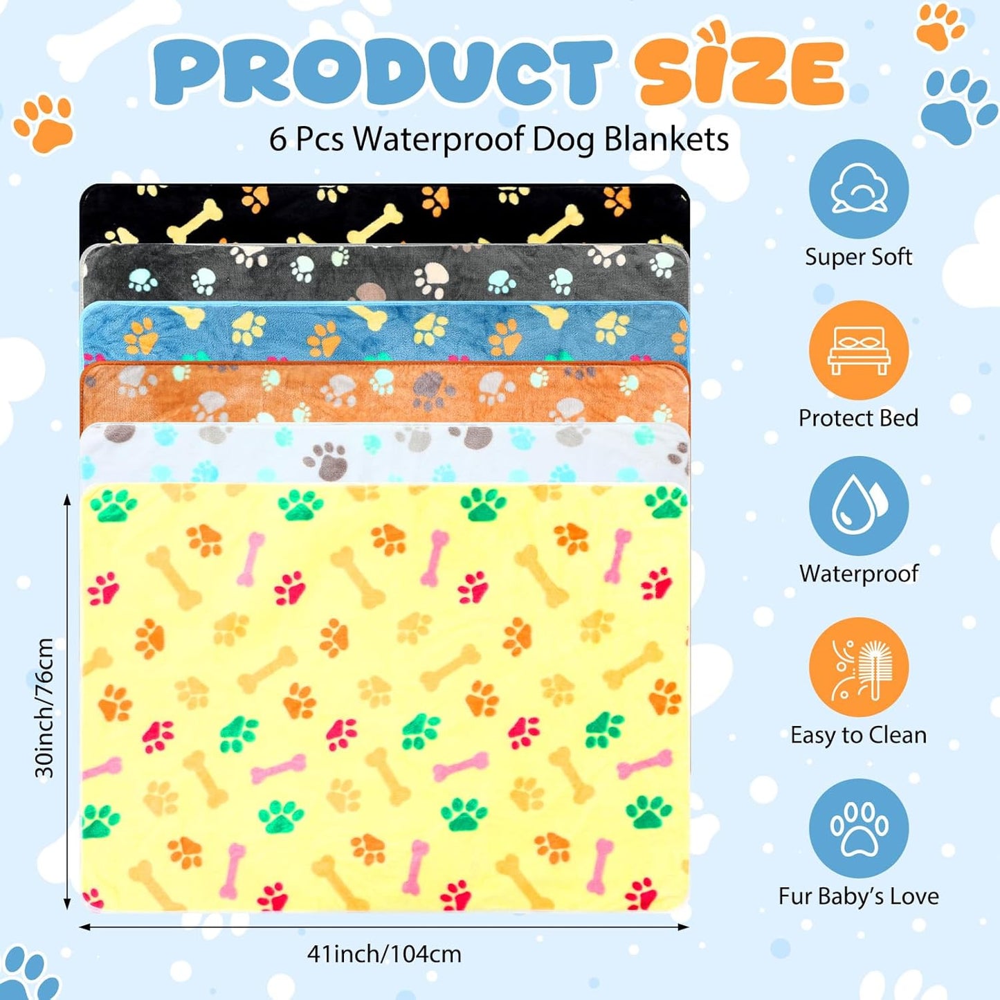 Tegeme 6 Pcs Waterproof Dog Blanket 24 x 16 Inch Paw Print Pet Blanket for Dogs Cats Puppy Washable Soft Fluffy Fleece Rug Flannel Throw Warm Sleep Mat for Kitten Doggy