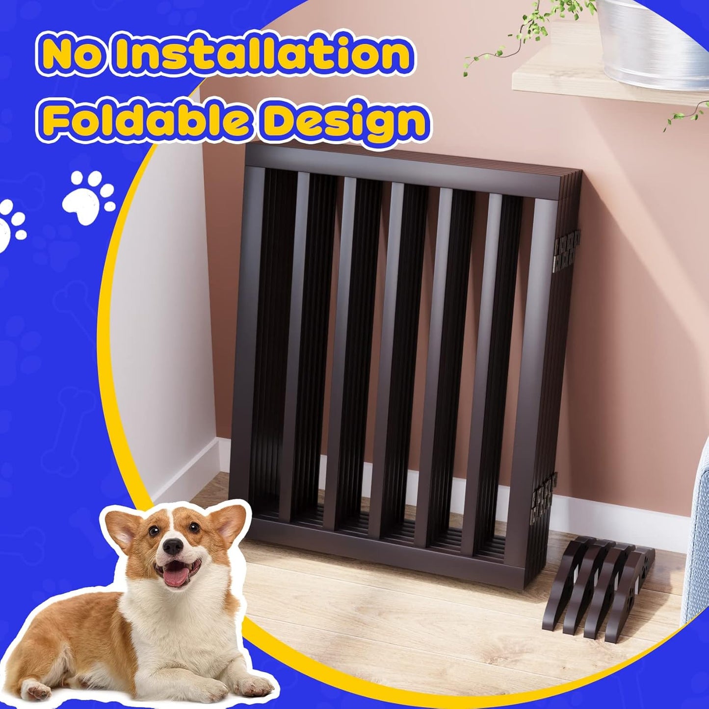 Freestanding Dog Gates Indoor, 3-Panel Pet Gates with 2 Metal Stands and 360° Hinge, 24" H Foldable Dog Gate for Stairs, Doorway, Kitchen, Expands Up to 55" Fully Assembled - Black Walnut