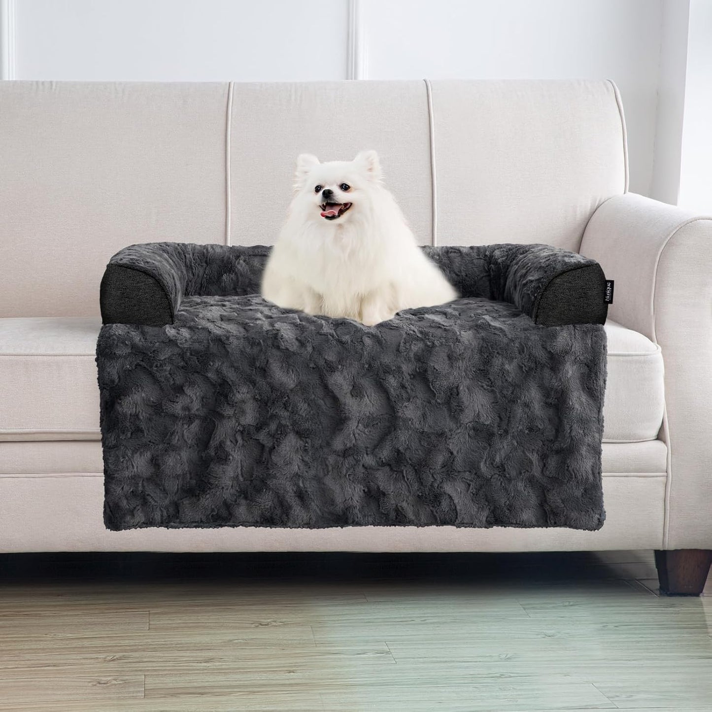 Calming Large Dog Bed for Couch, 41 x 37 inch Removable Couch Cover for Dogs Washable, Non-Slip Fluffy Plush Dog Sofa Mat for Furniture Protector - Grey