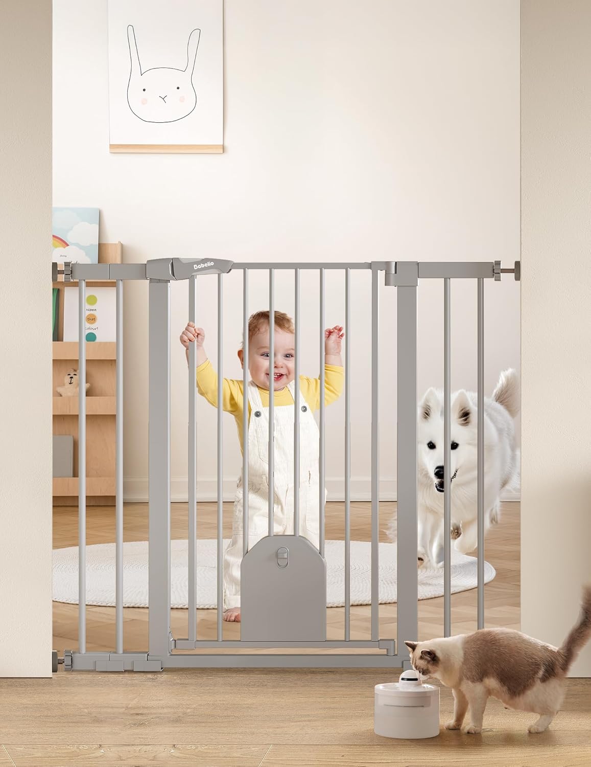 Babelio 36" Tall Auto Close Baby Gate with Small Cat Door, 29-43" Metal Cat Gate for Doorway, Stairs, House. Easy Walk Thru Dog Gate with pet Door, Includes 4 Wall Cups and 3 Extension Pieces, Black