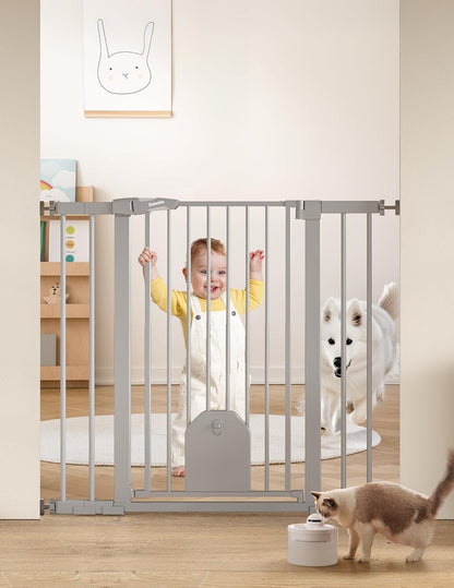 Babelio 36" Tall Auto Close Baby Gate with Small Cat Door, 29-43" Metal Cat Gate for Doorway, Stairs, House. Easy Walk Thru Dog Gate with pet Door, Includes 4 Wall Cups and 3 Extension Pieces, Black
