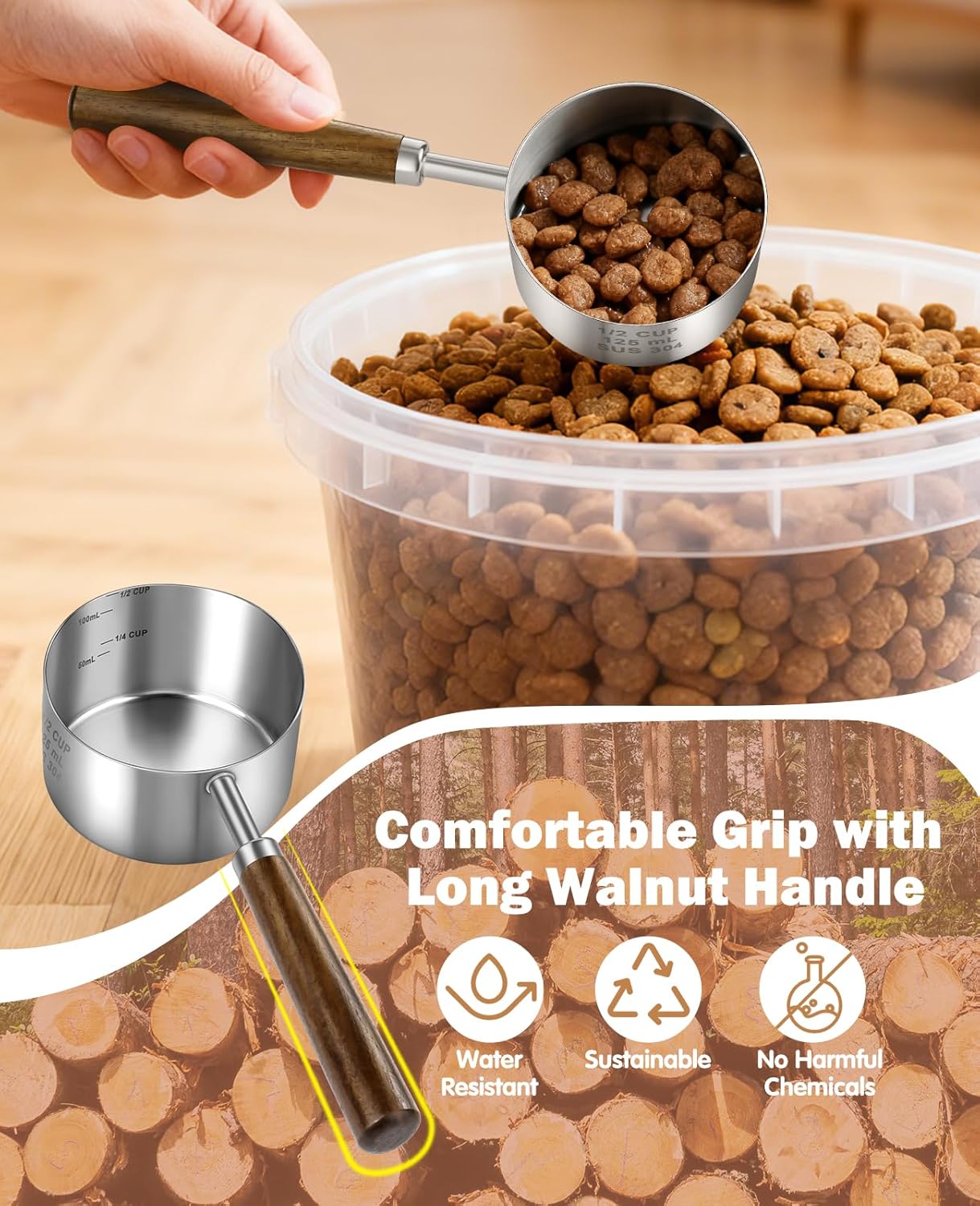 Stainless Steel Dog Food Scoop 1 Cup, Dog Food Measuring Cup With Measuring Lines (Cup/ML) & Long Wooden Handle, Metal Pet Food Scoop For Dogs, Cats and Kitchen Use, Dishwasher Safe
