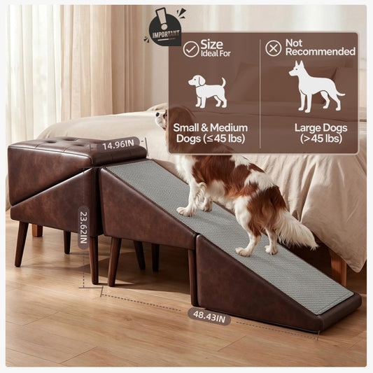 Dog Ramp for Bed, Wooden 23.62'' H Dog Stairs for Small/Medium-Sized Dogs and All Cats, Washable Non-Slip Silicone Surface pet Ramp, Foldable 2-in-1 Split Ottoman Design
