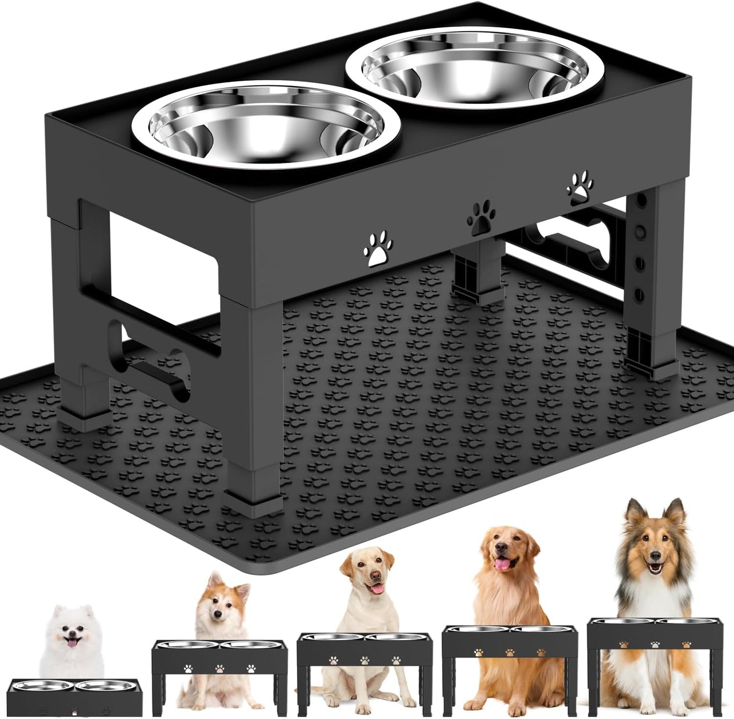 Elevated Dog Bowls with 2 Stainless Steel Bowls, 5-Height Adjustable Stand (3.1", 9" to 12"), for Improved Digestion & Neck Support, Easy Clean, Non-Slip Base Raised Feeder for Medium Large Dogs