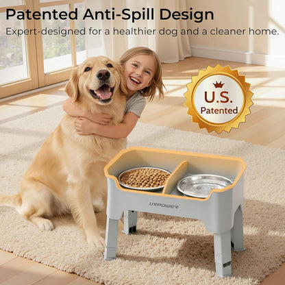 URPOWER 3-in-1 Elevated Dog Bowls - Mess Proof Double Deck 4 Height Adjustable Raised Stand with 2 Stainless Steel Food Bowls & Licking Plate for Small, Medium & Large Dogs