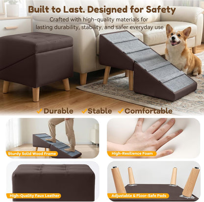 Dog Ramp for Small Dogs, 15.7" H 3-in-1 18.5" Extra Wide Foldable Ottoman & Hidden Storage Design Dog Stairs for Couch Sofa, Non-Slip Pet Steps for Puppy Senior Injured Dogs (White)