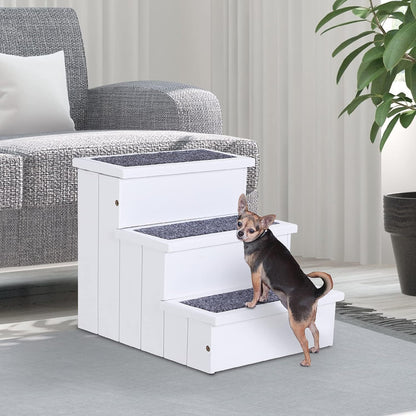 PawHut 3 Step Wooden Carpeted Non Slip Pet Stairs Ramp for Cats and Small Dogs - White