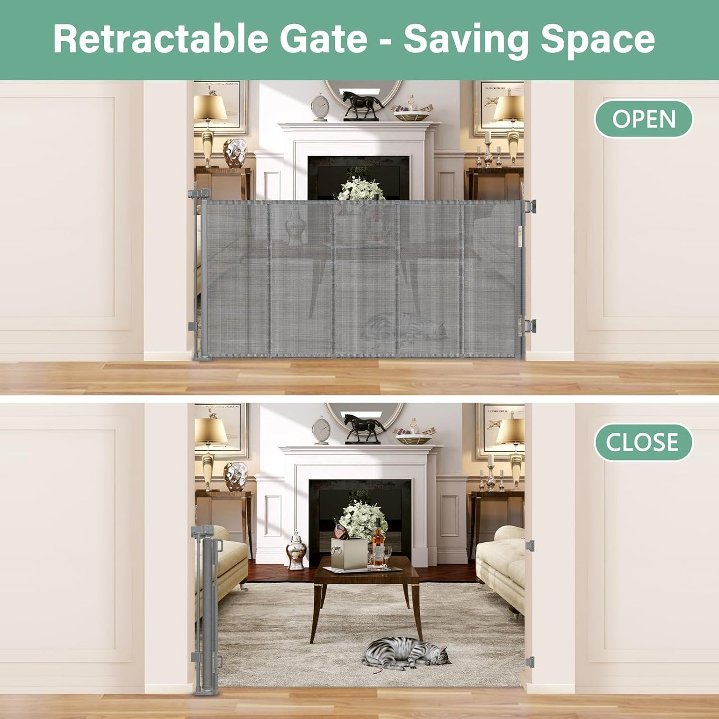 Reinforced 26 Inch Tall Retractable Child Gate to Step Over 55" Wide Small Retractable Baby Gates for Stair Retractable Dog Gate Short Mesh Dog Gate Retractable Toddler Gates for Doorways Doggy Gate