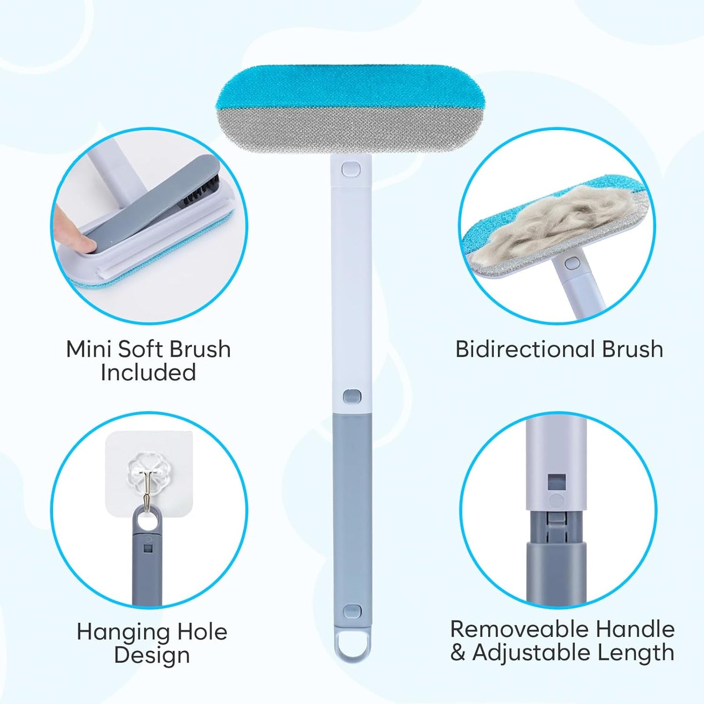 Pet Hair Removal Tool, Reusable Pet Hair Remover for Furniture, Couch, Carpet & Bedding, 17.3" Handle, Wide 7.3" Head, Mini Detail Brush, Easy Clean