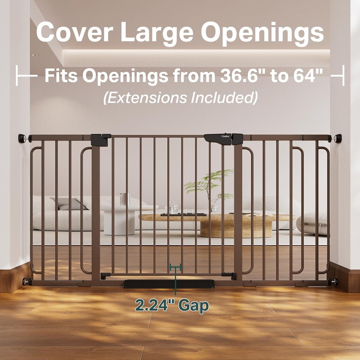 Cumbor 36.6-64" Extra Wide Baby Gate for Stairs, Dog Gates for Doorways, Auto-Close Pet Gate Indoor, Pressure Mounted Walk Through Safety Child Gate for Kids Toddler, Tall Pet Puppy Fence Gate, Brown