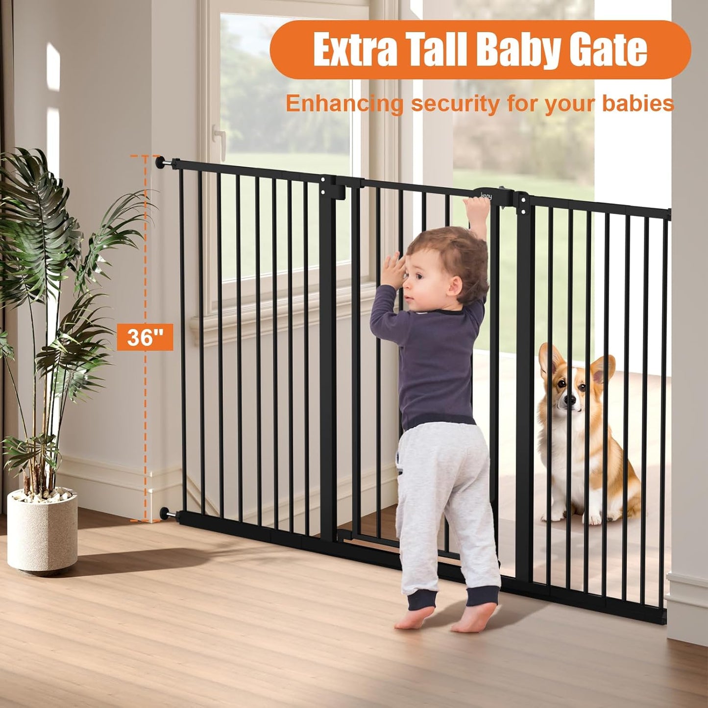 keny 29"-42.5" Baby Gate for Stairs, Auto Close Safety Dog Gate, Pressure Mounted Easy Walk Through Pet Gate for Doorways, Durable Stair Gate, 30" Tall, White