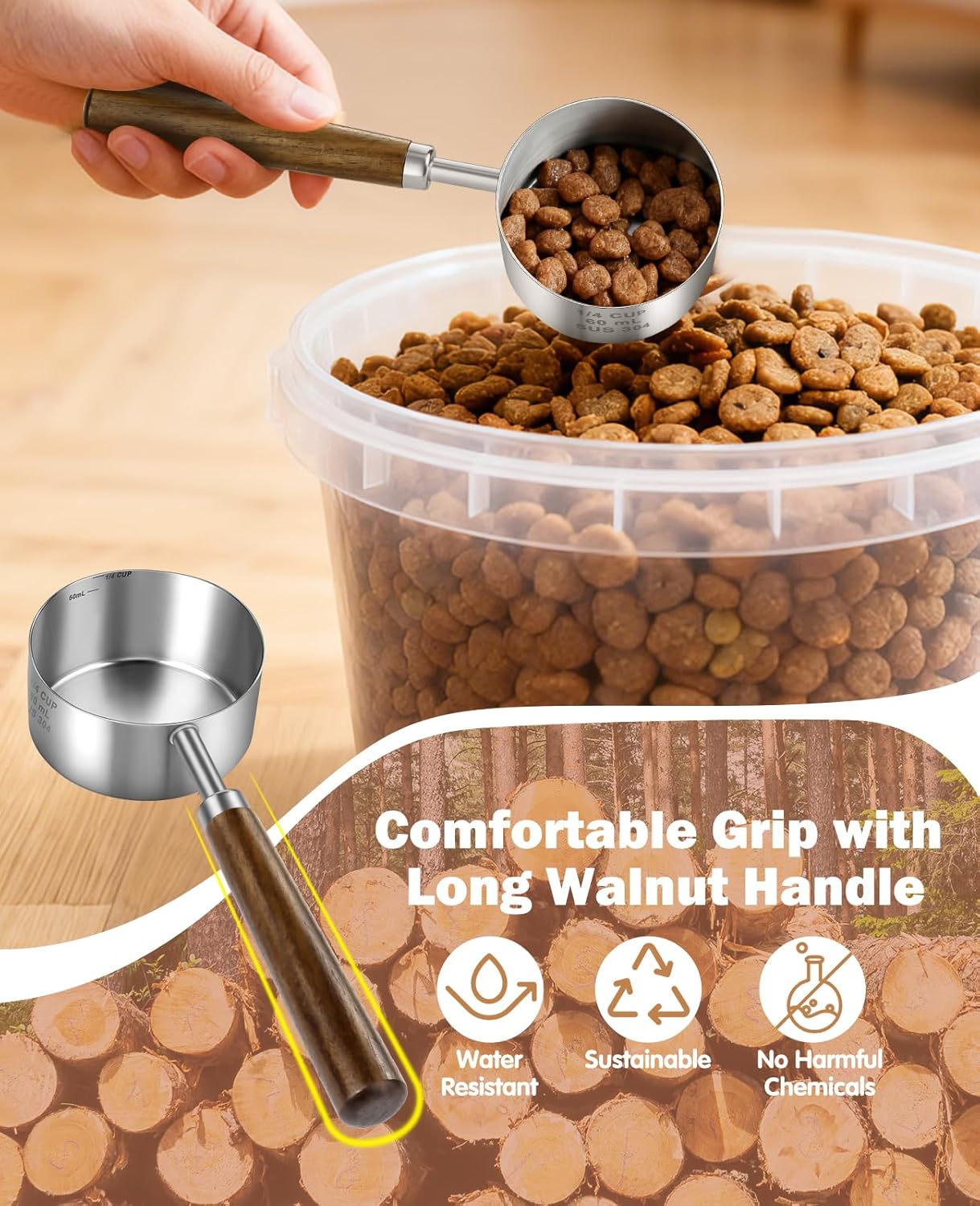 Stainless Steel Dog Food Scoop 1 Cup, Dog Food Measuring Cup With Measuring Lines (Cup/ML) & Long Wooden Handle, Metal Pet Food Scoop For Dogs, Cats and Kitchen Use, Dishwasher Safe
