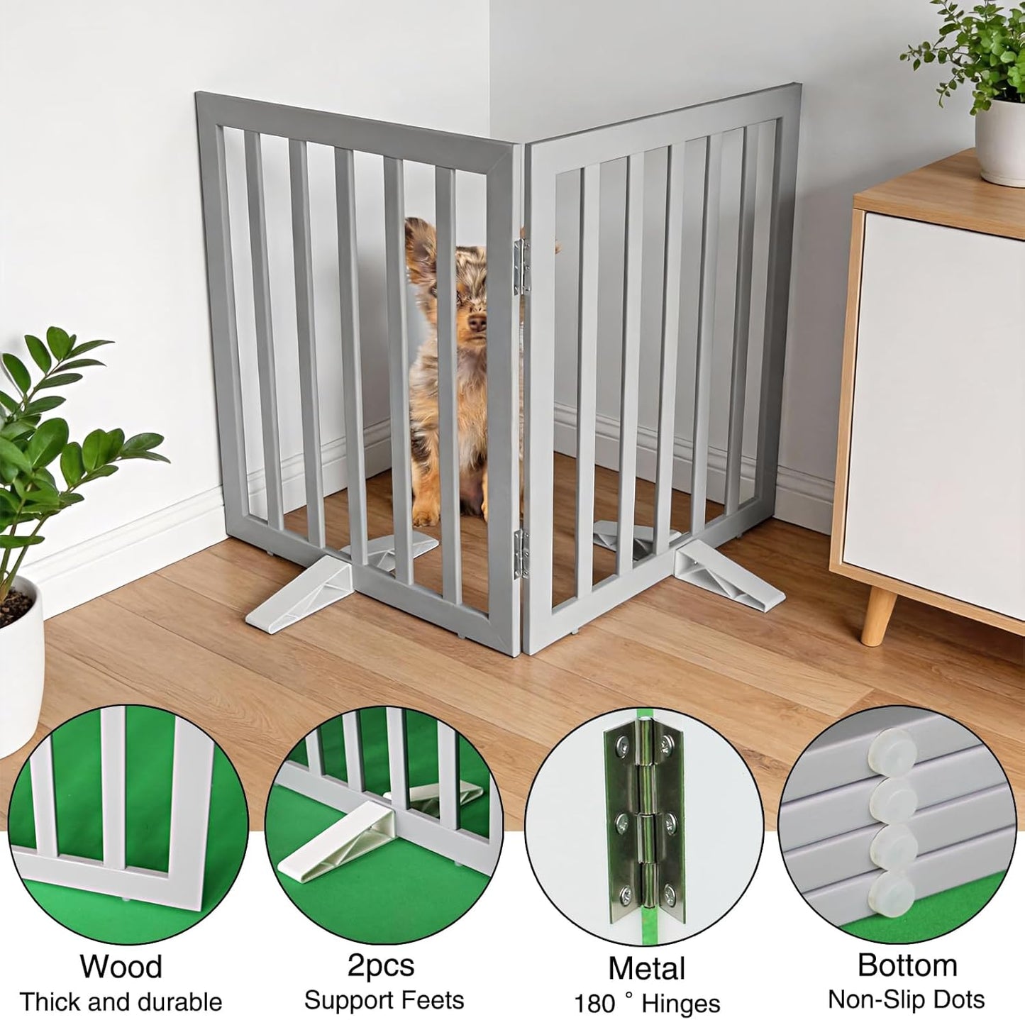 Dog Gate Indoor, Freestanding Dog Fence for The House, Doorways, Hallways,or Stairs,Pet Gate Foldable Wooden,Expandable 24" Height 3 Panels,White