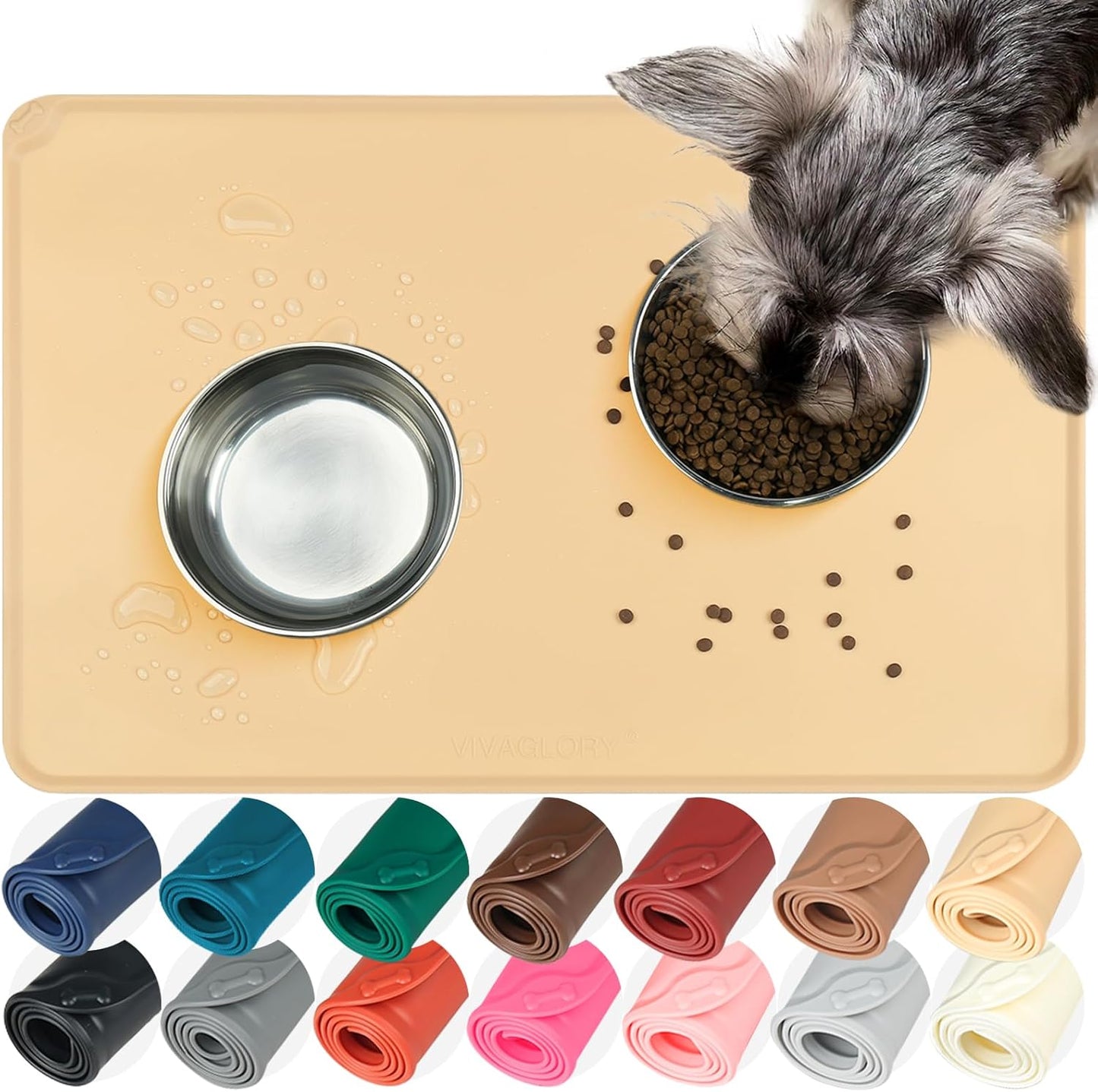 VIVAGLORY Dog Food Mat Flexmat Dog Bowl Mat, Placemat Food Tray with Raised Edges & Lip for Indoor Floor, Non Slip Waterproof Silicone Dish Placemat for Cat & Pet, S, Grey