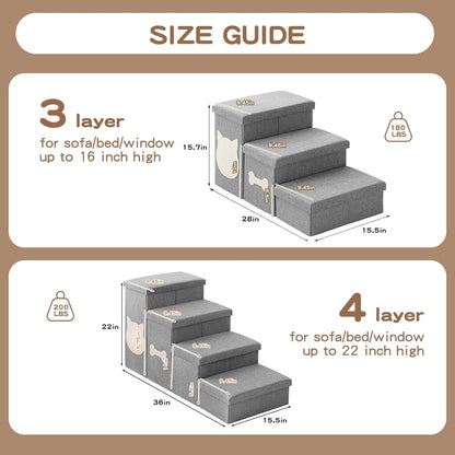 Wider Dog Steps for Bed 17" H, Foldable Dog Stairs with Storage, Non-Slip Pet Steps for Small Medium Large Dogs, Arthritis-Friendly Pet Stairs for Couch and Car Up to 200 lbs, Grey, 3 Steps