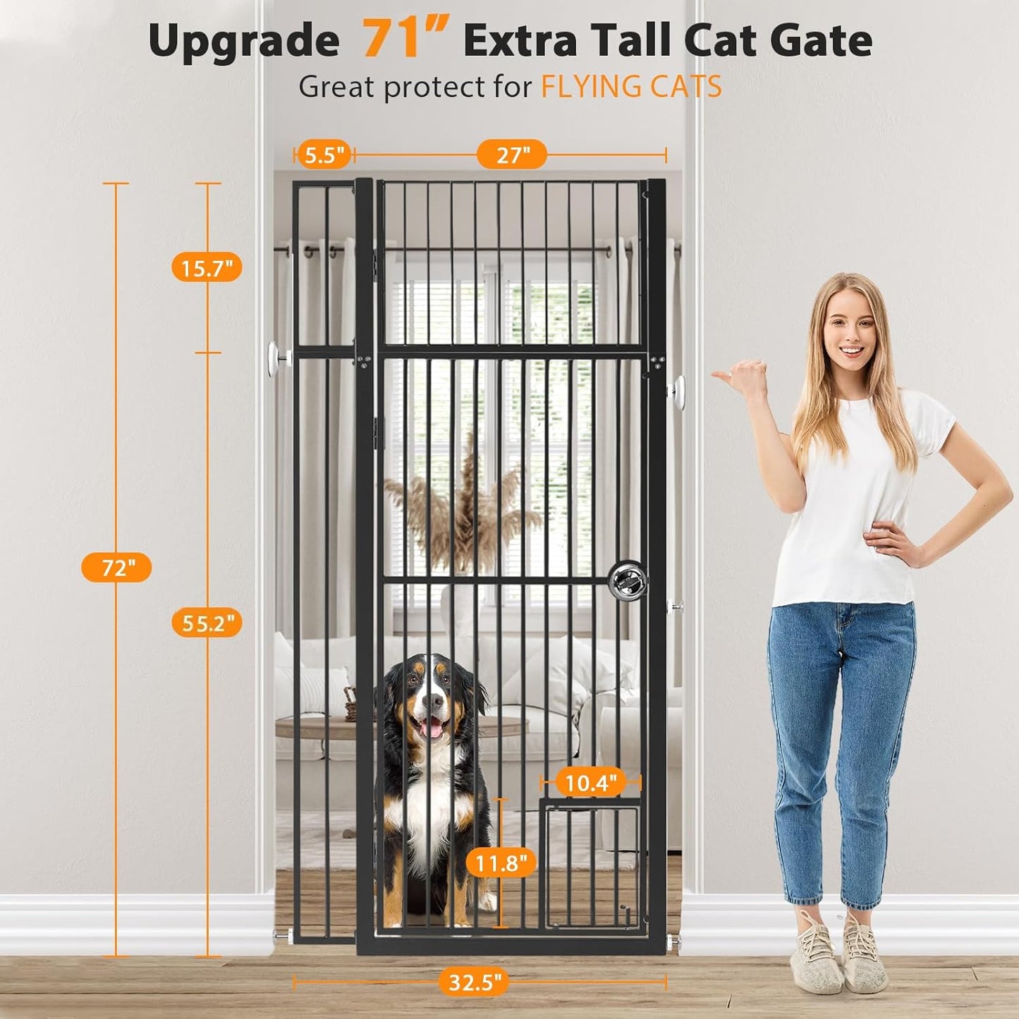 71" Extra Tall Pet Gate with Cat Door, Walk Through Pet Gate Pressure Mounted No Drilling, 28.7"-37.5" Wide, Auto Close Metal Safety Barrier for Stairs Hallway House, White