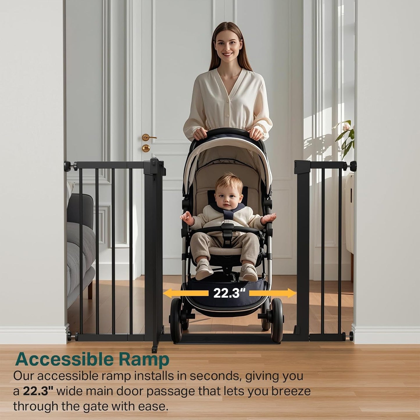 Cumbor 36.6-64" Extra Wide Baby Gate for Stairs, Dog Gates for Doorways, Auto-Close Pet Gate Indoor, Pressure Mounted Walk Through Safety Child Gate for Kids Toddler, Tall Pet Puppy Fence Gate, Brown