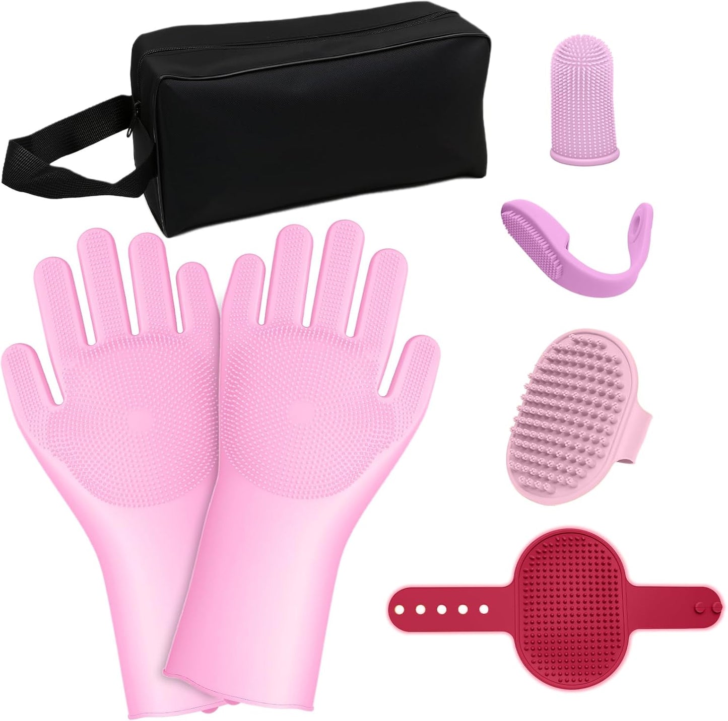 7PCS Dog Washing Gloves | Dog Bath Brush | Storage Bag | Dog Finger Toothbrush for Short & Long Haired Dogs & Cats | Efficient Deshedding Bathing & Massaging, Suitable for Pets (Sage Green)
