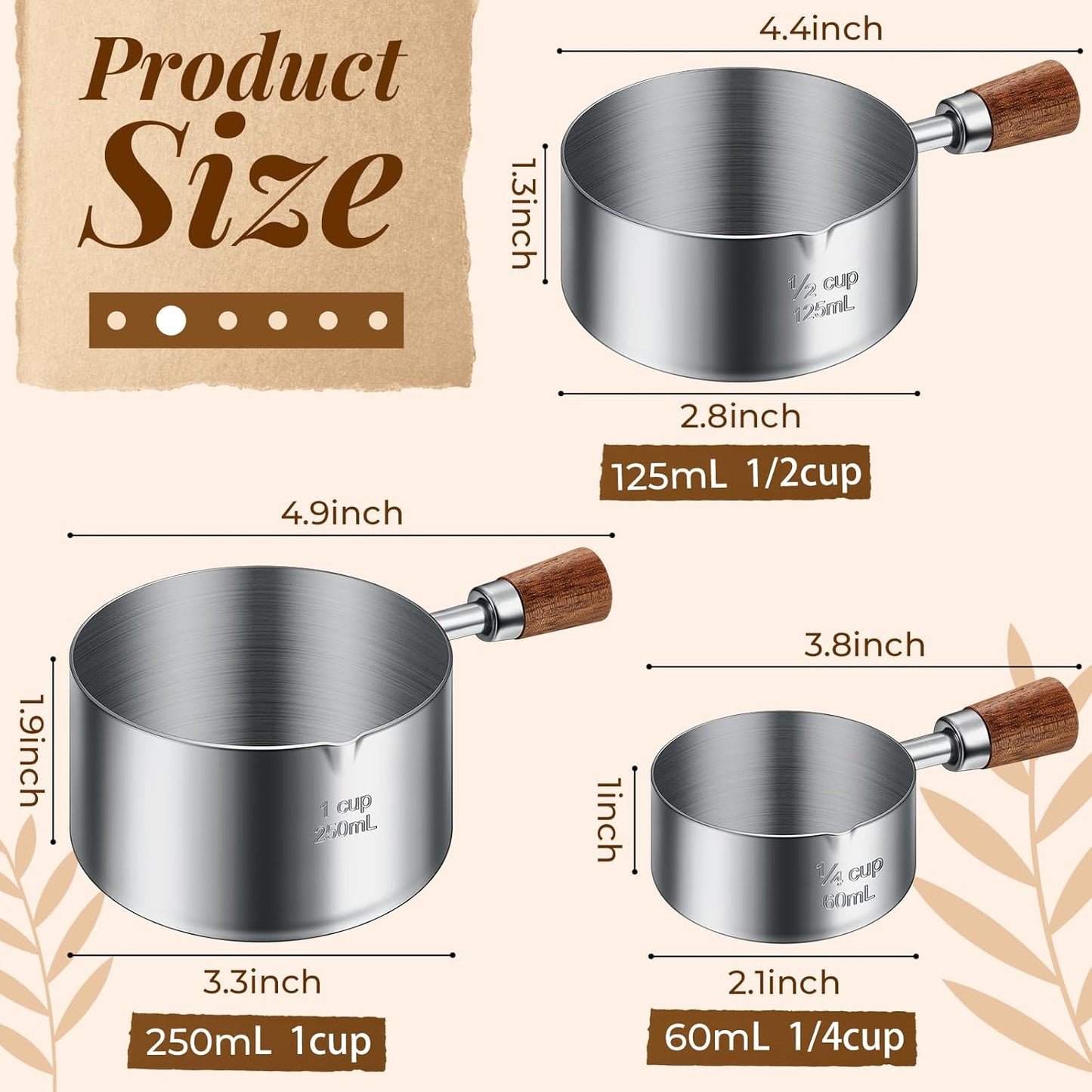 SiliFine 3 Pcs Dog Food Scoop 1 Cup, 1/2 Cup, 1/4 Cup Stainless Steel Pet Food Scoop Measuring Cup with short Handle for Dog Cat Rabbit Food Feeding Kitchen Gadget Utensil