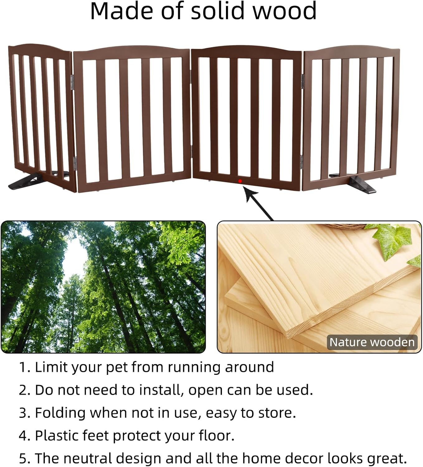 Freestanding Dog Gate Indoor,Doggie Gate Foldable Dog Gates for Doorways,Stairs or Hallways, Wooden White Pet Gate for the House, Pet Fence with Support Feet Included,24 "Height-4 Panels