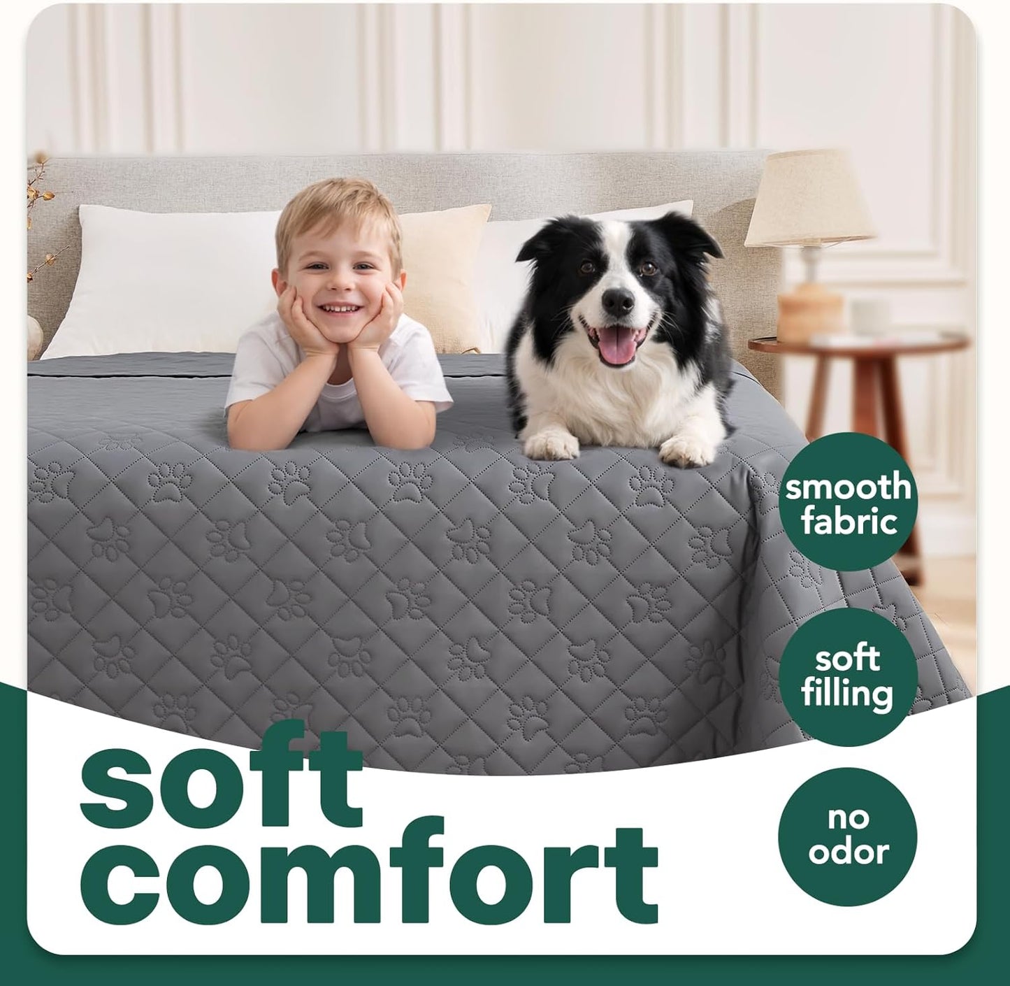 PAWFINITY Waterproof Couch Cover for Dogs, Pee Proof Pet Blanket, Paw Print Quilted, Pet Hair Resistant, Scratch-Resistant, Washable Furniture Protector for 2-3 Seat Sofa and Bed, 30x70 Inch, Grey