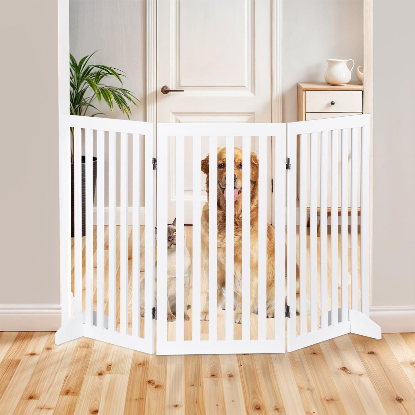 ZENY Freestanding Pet Gate for Dogs - 4 Panels Indoor Foldable Dog Fence for Stairs, Hallways, or Doorways - 82x24-Inch Freestanding Dog Gates, Brown