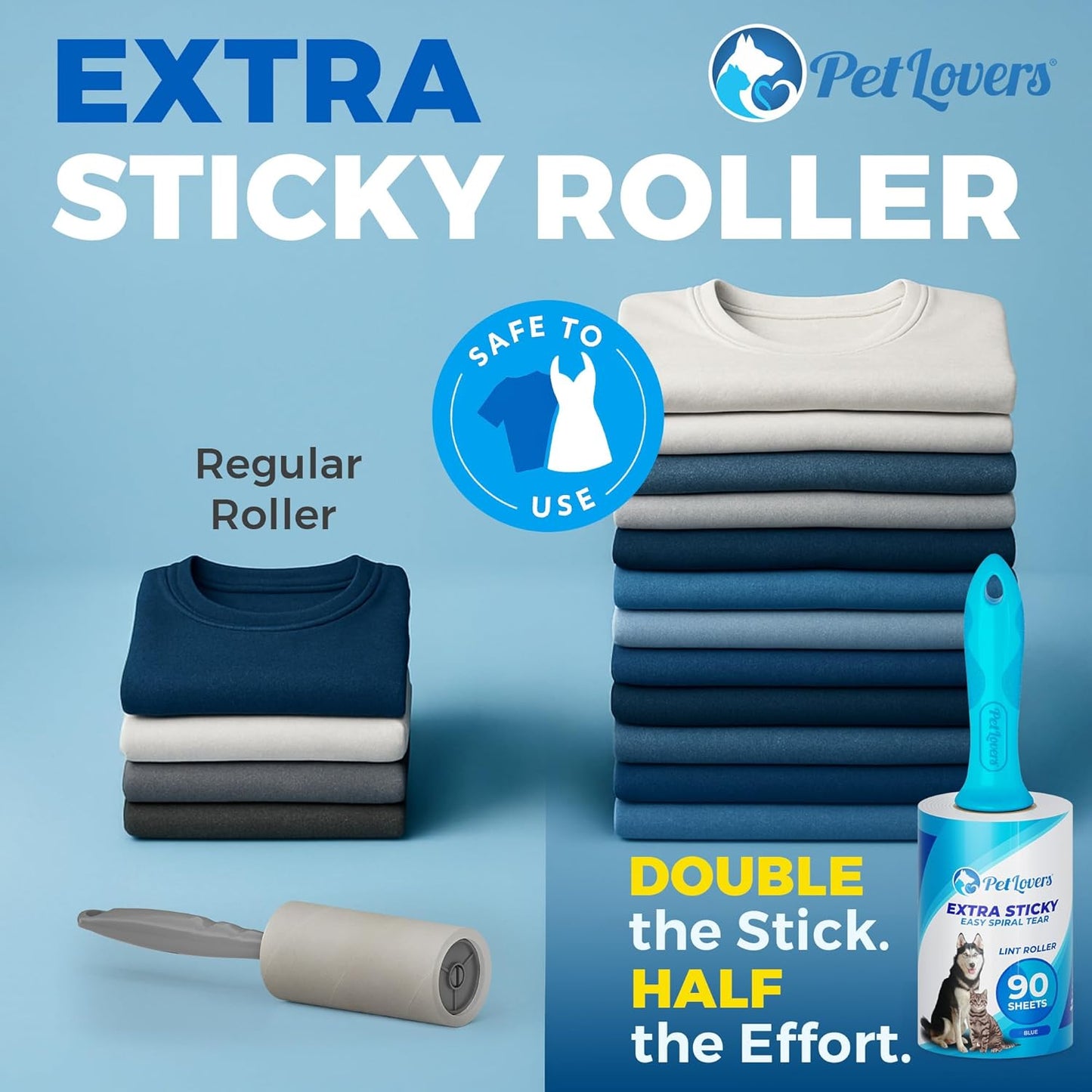 PetLovers Extra Sticky Lint Roller Single Unit 90 Sheets for Pet Hair Removal, Dog and Cat Lint Remover (1 Pack)