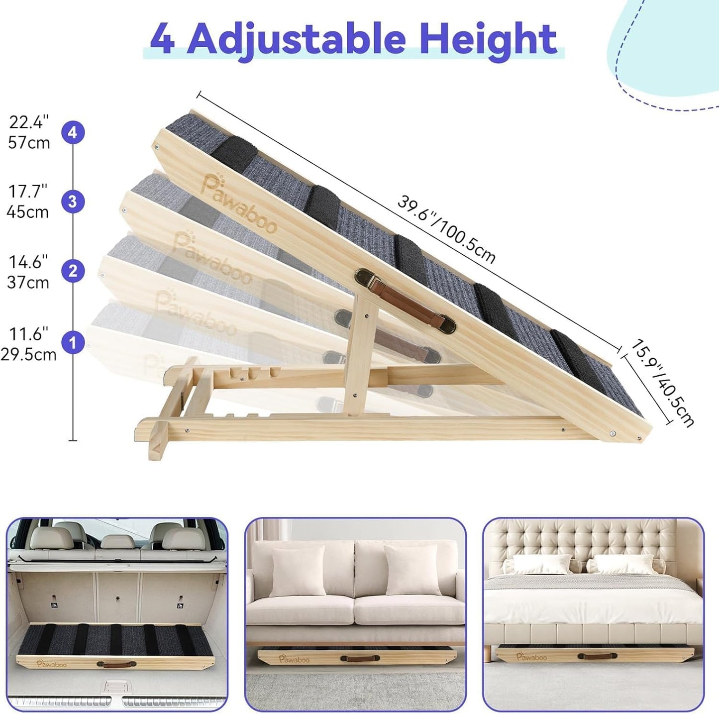 2026 Upgraded Dog Ramp for Couch, Foldable Small Dog Ramp for Sofa, 4 Adjustable Height from 13'' to 21", Portable Stable Pet Steps with Non-Slip Pad, Pet Ramps Use for Sofa Couch Stairs