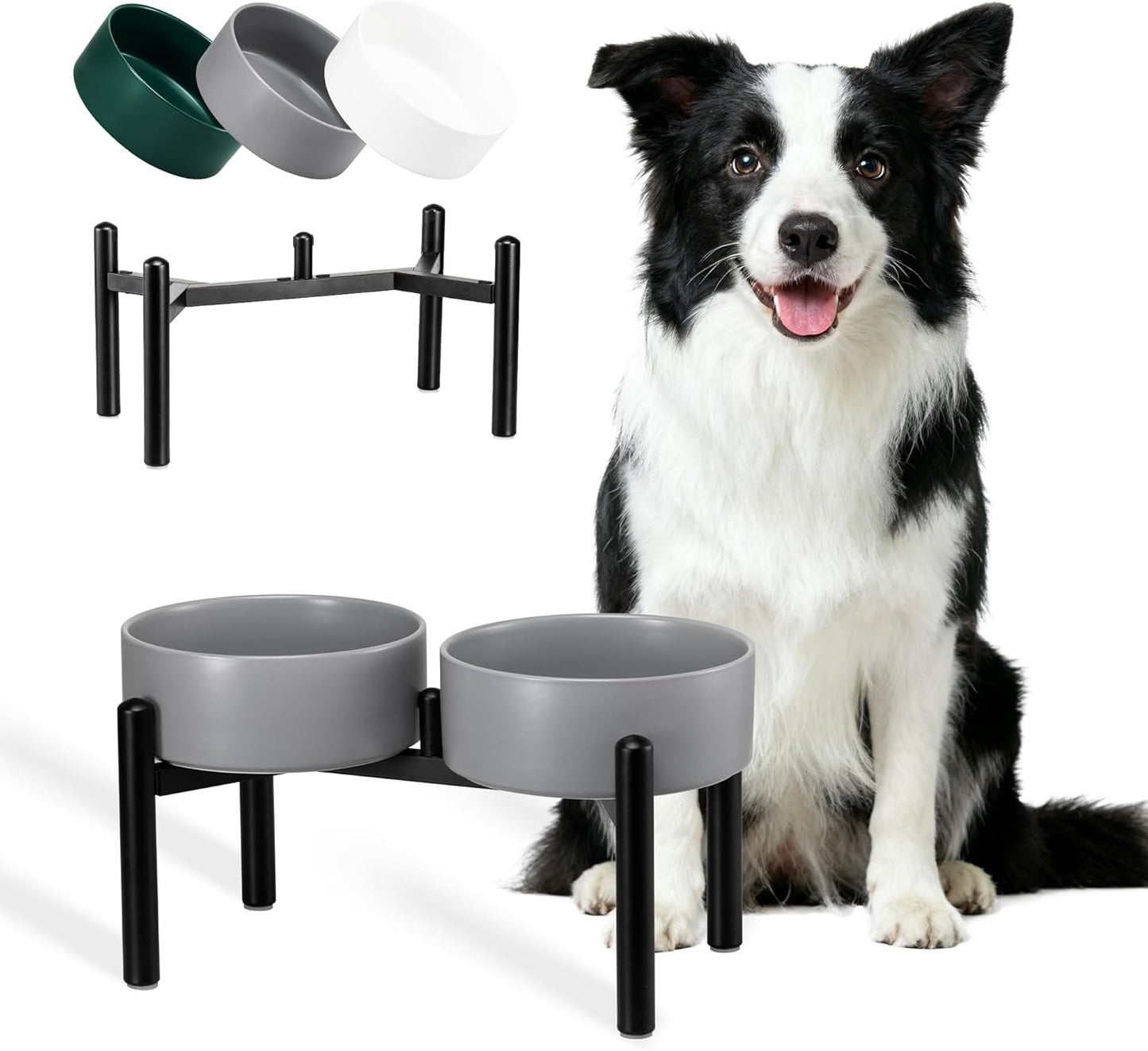 Raised Ceramic Dog Bowl Set - Elevated Double Dishes with Stainless Steel Stand - Food and Water Bowls for Small to Medium Dogs - Each Holds 3.5 Cups (29.57 fl oz) - White