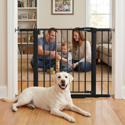 Mumeasy 29.7-46" Baby Gate for Stairs, Pressure Mounted Dog Gate for Doorways, Auto Close Walk Through Pet Gate Indoor, Extra Wide Metal Child Safety Gate, Mom's Choice Awards Winner, Black