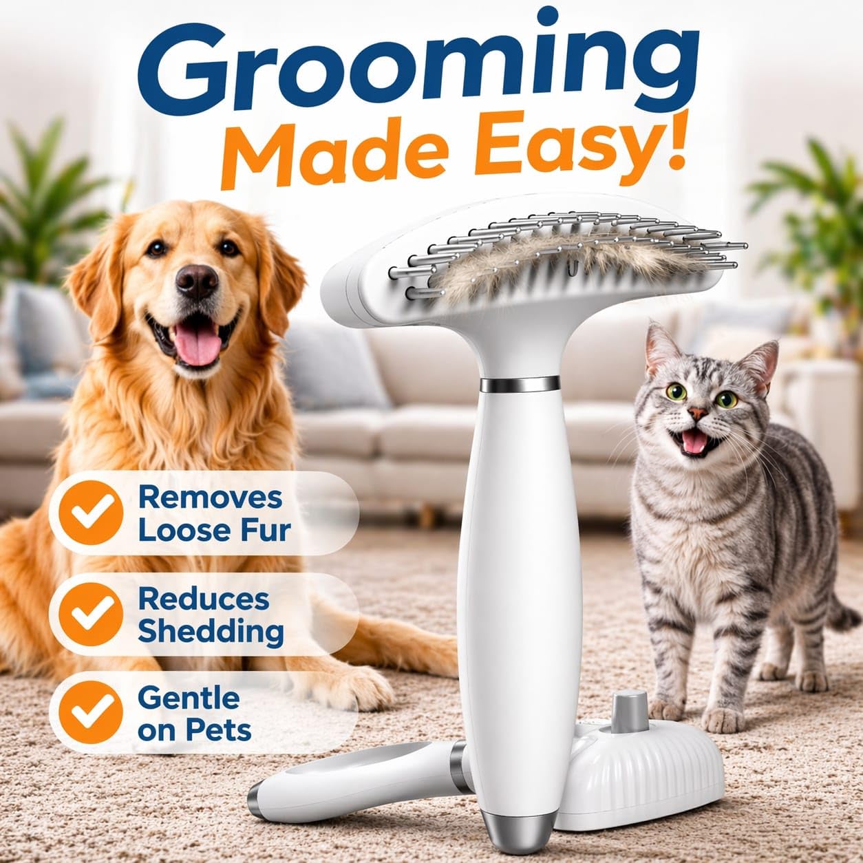 Self Cleaning Dog Brush for Shedding – Undercoat Rake for Dogs & Cats, Deshedding & Dematting Tool with Dual Stainless Steel Teeth, Removes Loose Fur for Thick & Double Coats