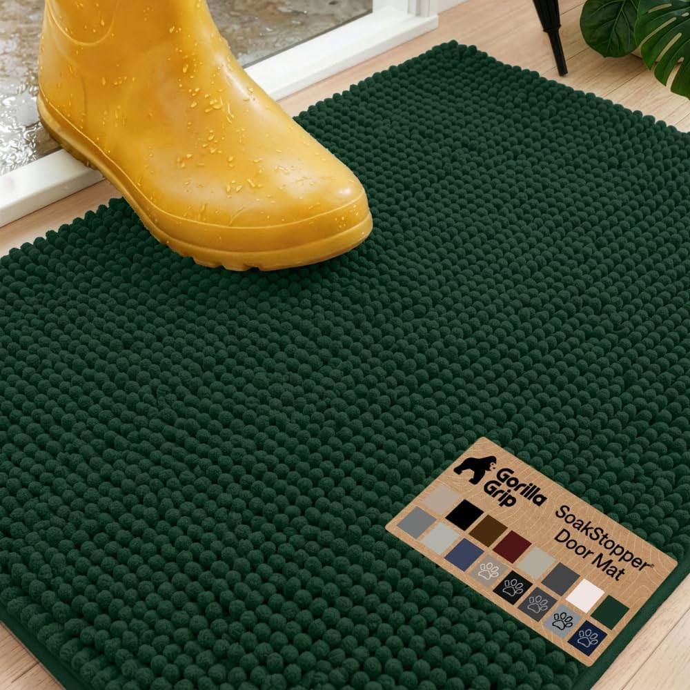 GORILLA GRIP SoakSTOPPER Dog Door Mat, 30x20 Machine Washable Rug Absorbent Doormat Captures Moisture Mud Dirt, Quick Dry Soft Chenille Entryway Rugs Indoor Entrance Mats for Dog Paws, Paw Grey