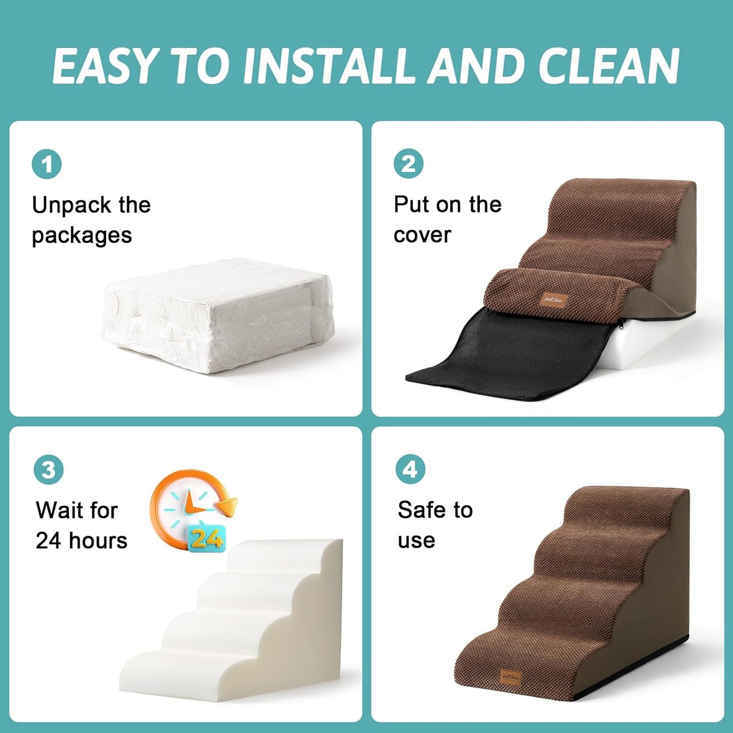 COZY KISS Extra Wide Dog Stairs with Tunnel, Foam Detachable Large Dog Step for Small Pet, Puppy or Cats, Medium Pet Ramp for High Bed, Couch, Sofa or Car, 19.7x33x22.4 inch, 5 Step, Beige