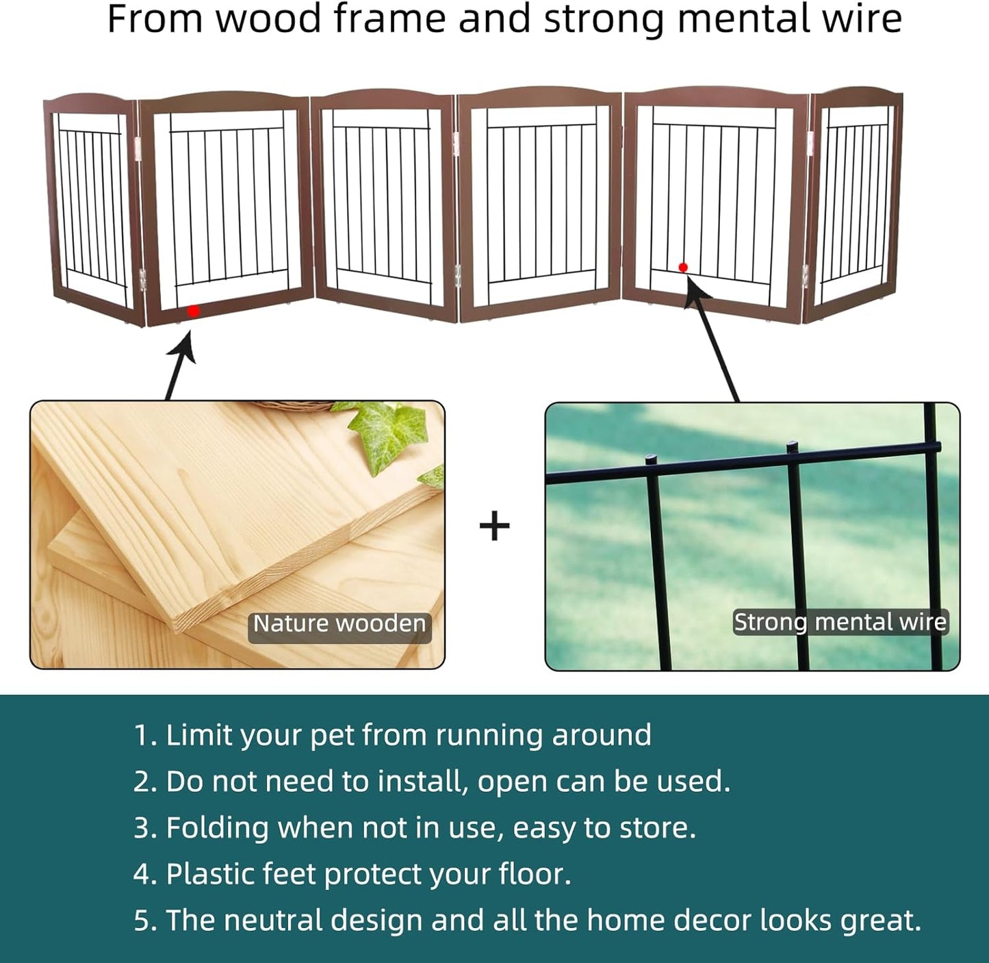 ZJSF Freestanding Foldable Dog Gate for House Extra Wide Wooden White Indoor Puppy Gate Stairs Doorways Pet Gate Tall Dog Fence 3 Panels Fence