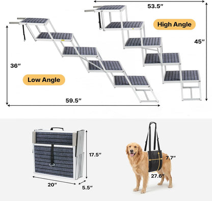 Veehoo Extra Wide Dog Steps for Car SUV Truck Foldable, 4 Steps Portable Aluminum Dog Stairs for Injured Senior Large Dogs 20" Wide, Heavy Duty Pet Ramp Ladder with Non Slip Surface, up to 170lbs
