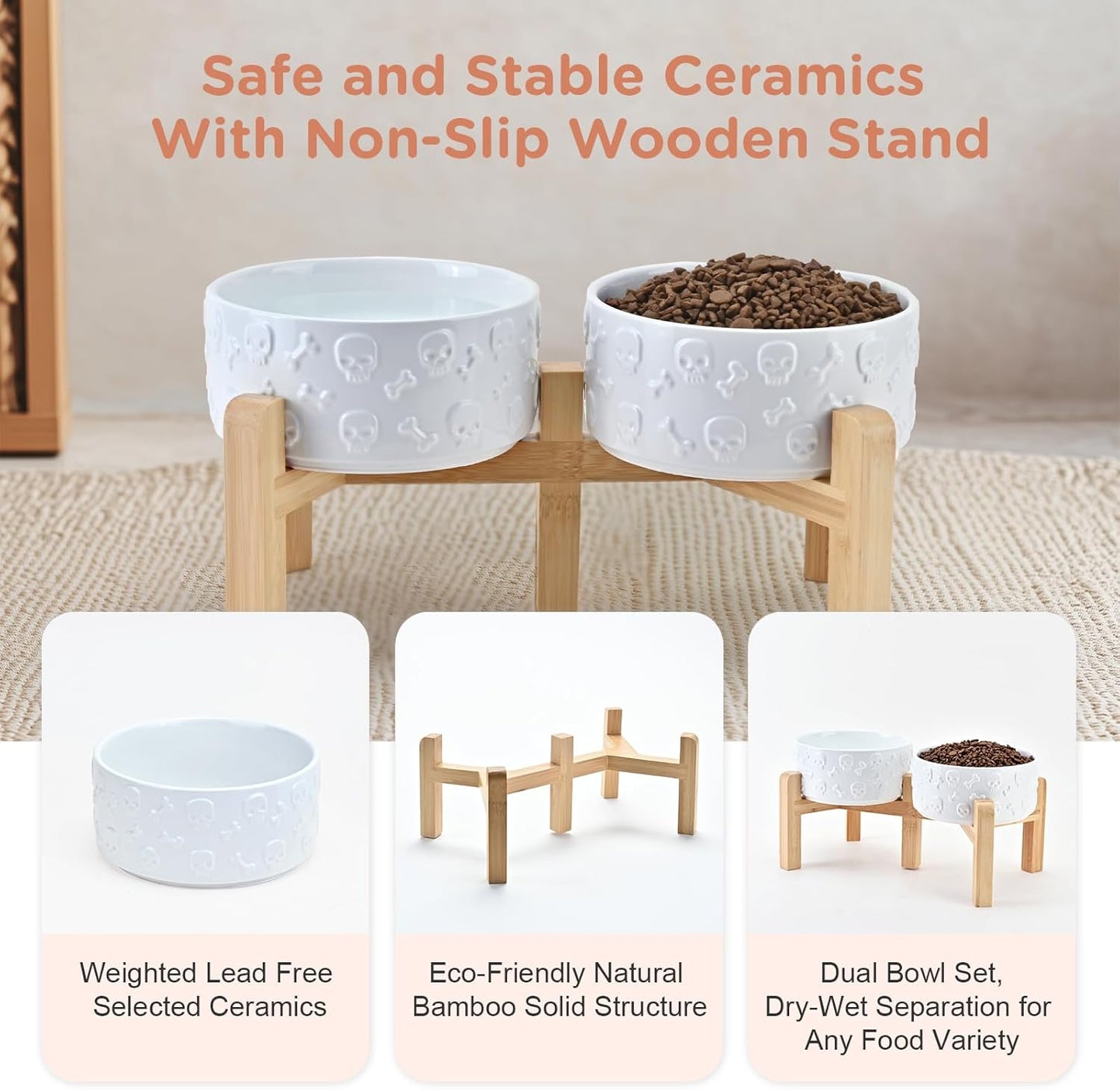 SPUNKYJUNKY Elevated Dog Bowls Ceramic, 6.1'' Dogs and Cat Food Water Bowls Raised with Non-Slip Bamboo Stand for Medium Sized Breed Microwave Dishwasher Safe - 28.7 OZ,Beige