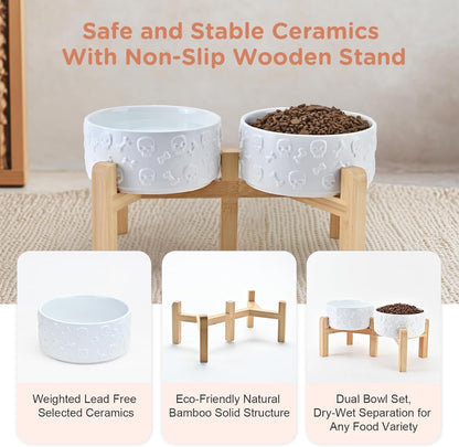 SPUNKYJUNKY Elevated Dog Bowls Ceramic, 6.1'' Dogs and Cat Food Water Bowls Raised with Non-Slip Bamboo Stand for Medium Sized Breed Microwave Dishwasher Safe - 28.7 OZ,Beige