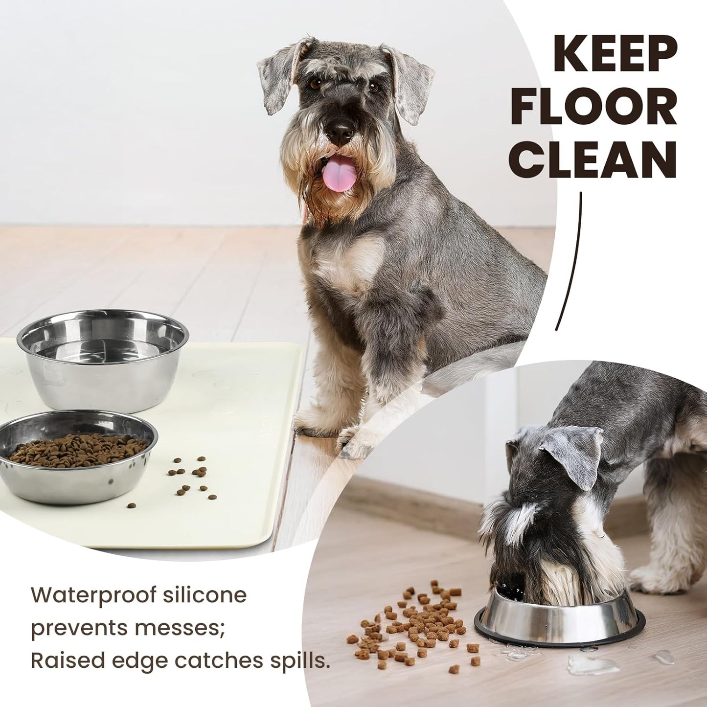 VIVAGLORY Dog Food Mat Flexmat Dog Bowl Mat, Placemat Food Tray with Raised Edges & Lip for Indoor Floor, Non Slip Waterproof Silicone Dish Placemat for Cat & Pet, S, Grey