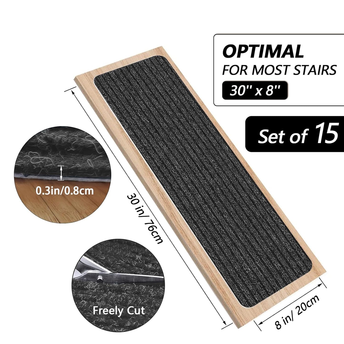 Stair Treads for Wooden Steps Carpet, Non-Slip Stair Runner Indoor Outdoor Stair Tread Mats Covers Pads, 19" x 31"Matching Landing Step Runner for Elders, Kids and Dogs (19" x 31", Black)