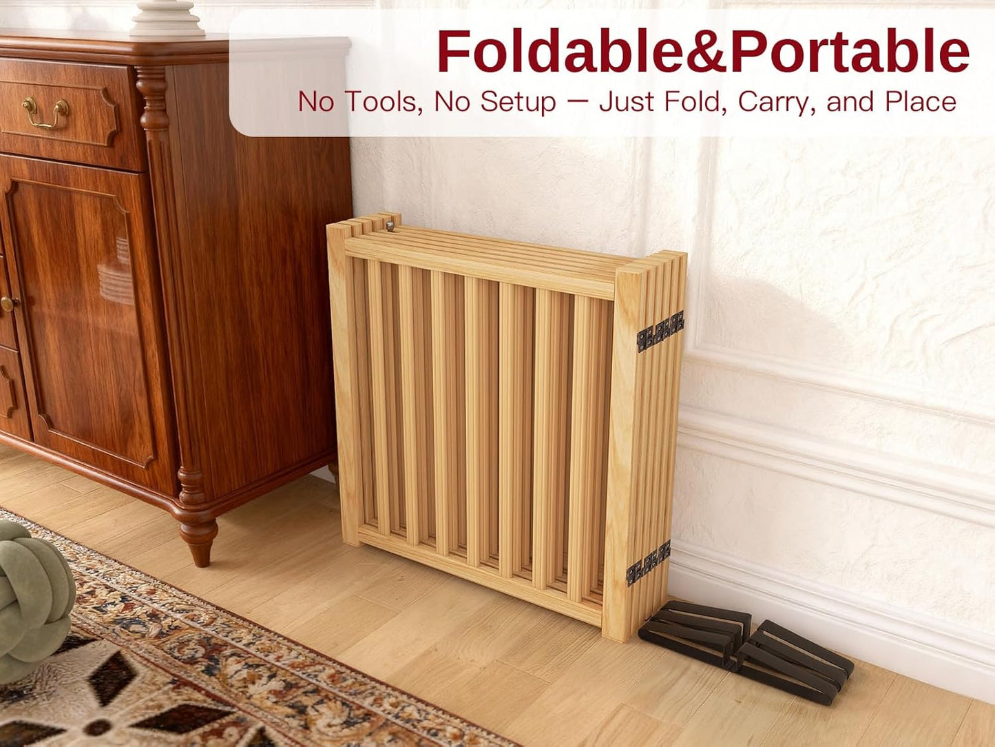 Wooden Dog Gate Indoor, 23" H Freestanding Dog Gates with Door, No-Painted Foldable Puppy Fence, Doggy Barrier for Doorway, Stairs- 4 Panels