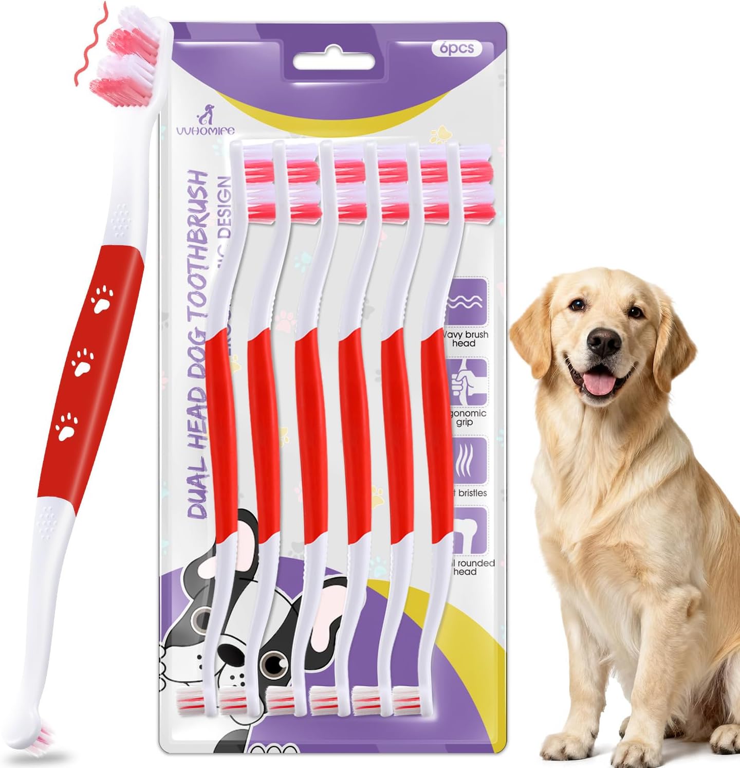 Dog Toothbrush – Newly Upgraded Dual-Head Design with 60° Wavy Bristles – Gently Surrounds Teeth for Deep Cleaning and Plaque Removal – Non-Slip Handle, Ideal for Daily Pet Dental Care (Pink, 1-Pack)