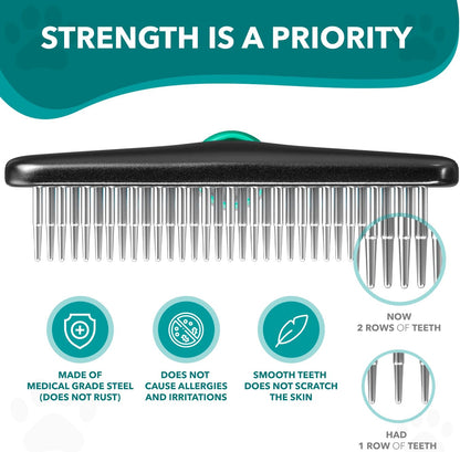DOGI Deshedding Brush Comb - Undercoat Rake for Dogs, Cats, Short, Long Hair Coats - Double Row Stainless Steel Pins - Reduce Shedding by 90% (Green)