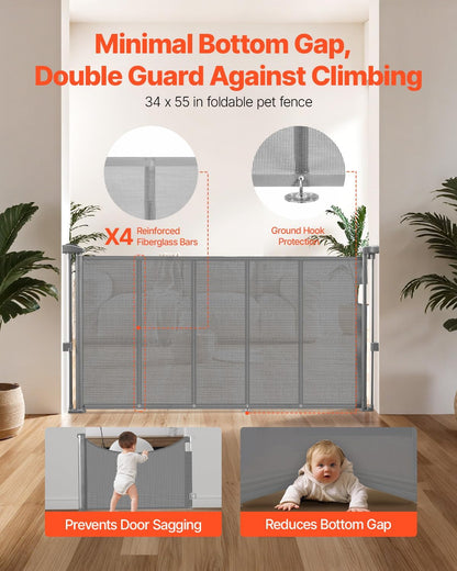 VEVOR Retractable Baby Gate, 34 inch Tall, Extends up to 110 inch Wide, Retractable Gate for Kids or Pets, Mesh Material, Easy to Install for Indoor Stairs, Doorways, Hallways, Playrooms, Gray