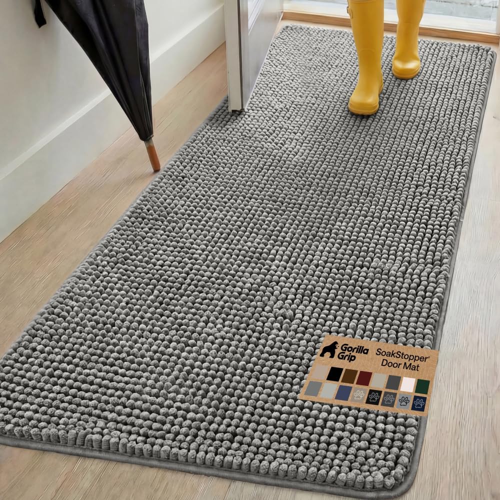 GORILLA GRIP SoakSTOPPER Dog Door Mat, 30x20 Machine Washable Rug Absorbent Doormat Captures Moisture Mud Dirt, Quick Dry Soft Chenille Entryway Rugs Indoor Entrance Mats for Dog Paws, Paw Grey