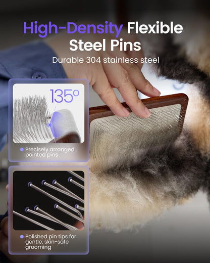 JirPet Professional Grooming Slicker Brush for Dogs, 0.47 inch Pins with Air Cushion Pad, Lightweight Ergonomic Beechwood Handle, Stainless Steel Pins, Suitable for All Coat Types, 1 Pcs