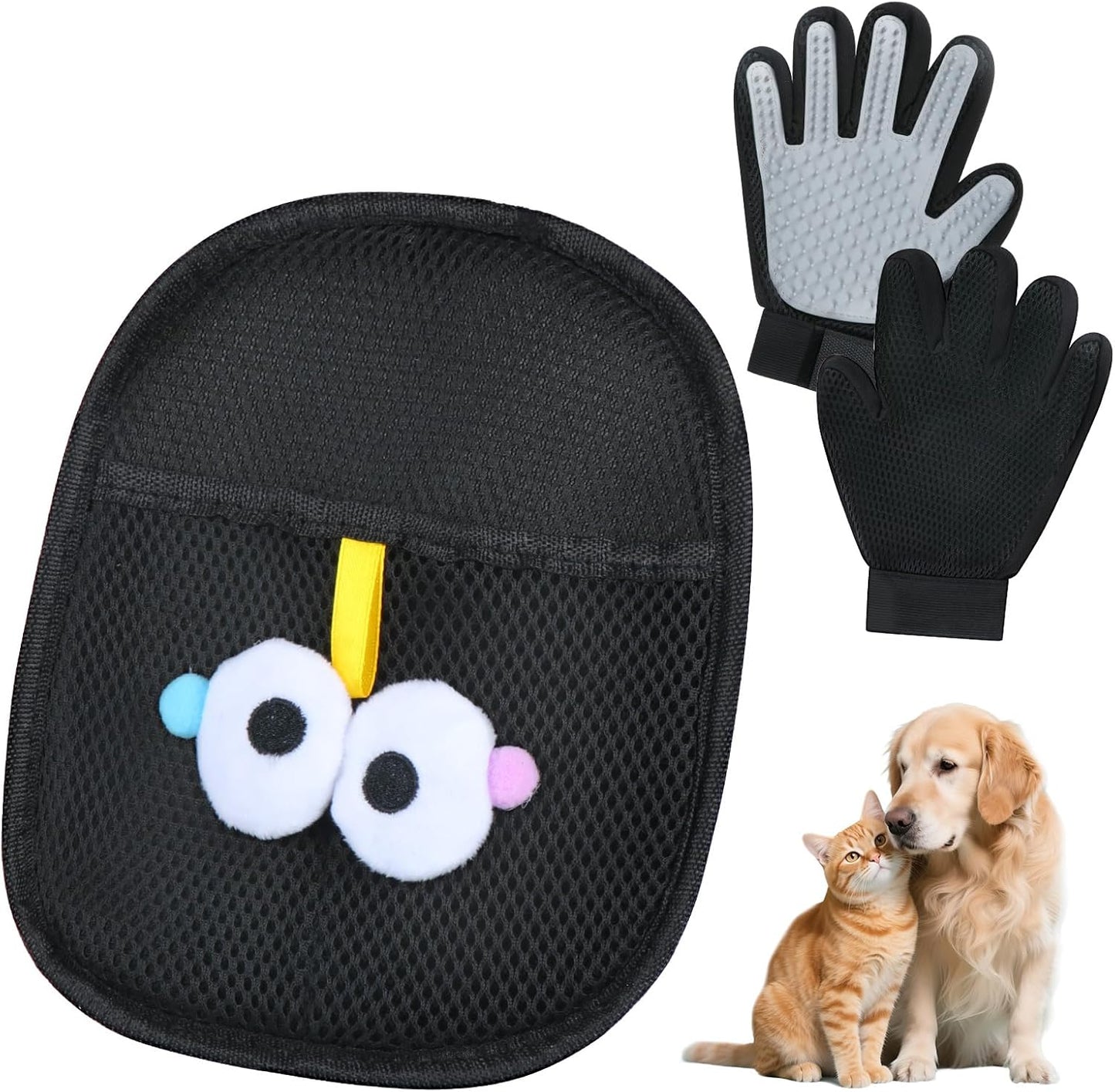 Cat & Dog Grooming Gloves for Shedding Brushes 1 Pair and Pet Grooming Rake 1PC, Double Sided Dematting, Deshedding Brush & Massage, Safe for Dogs & Cats