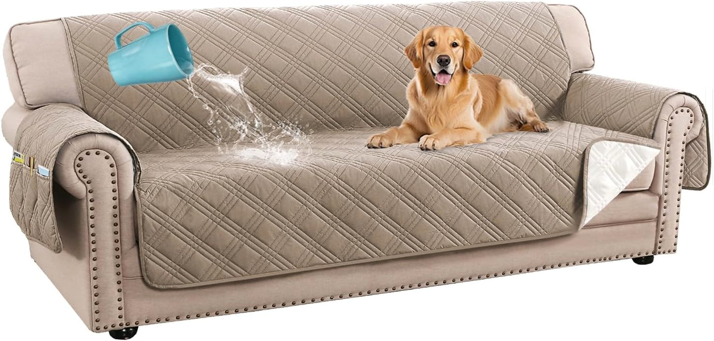 H.VERSAILTEX 100% Waterproof Slipcovers for Couches and Sofas Modern Pet Couch Cover Thick Soft Furniture Protector with Elastic Straps(Sofa, Lily Pad/Beige)