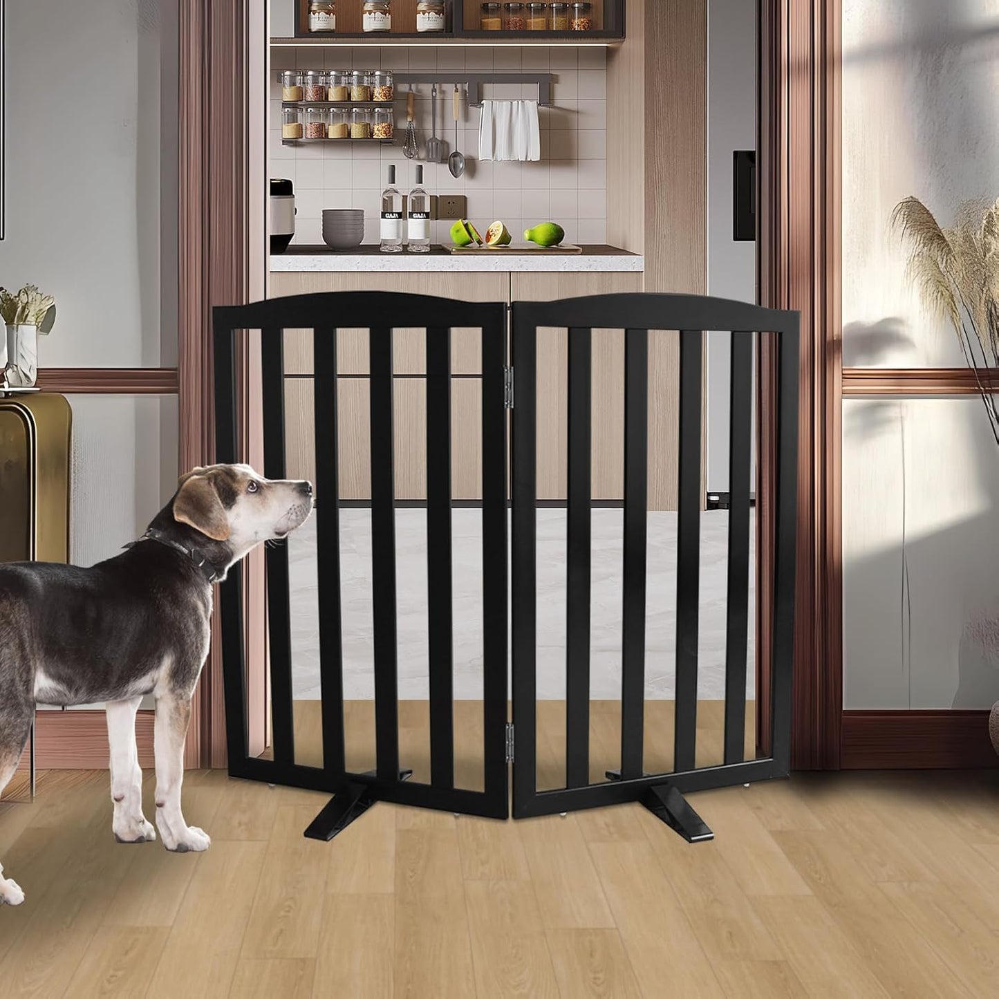 ZJSF Foldable Freestanding Indoor Dog Gate for House Wood White Long Pet Gates Dog Fence for Stairs Puppy Gates for Hallways,Pet Fence, Puppy Gate,Support Feet Included 24 "Height-3 Panels