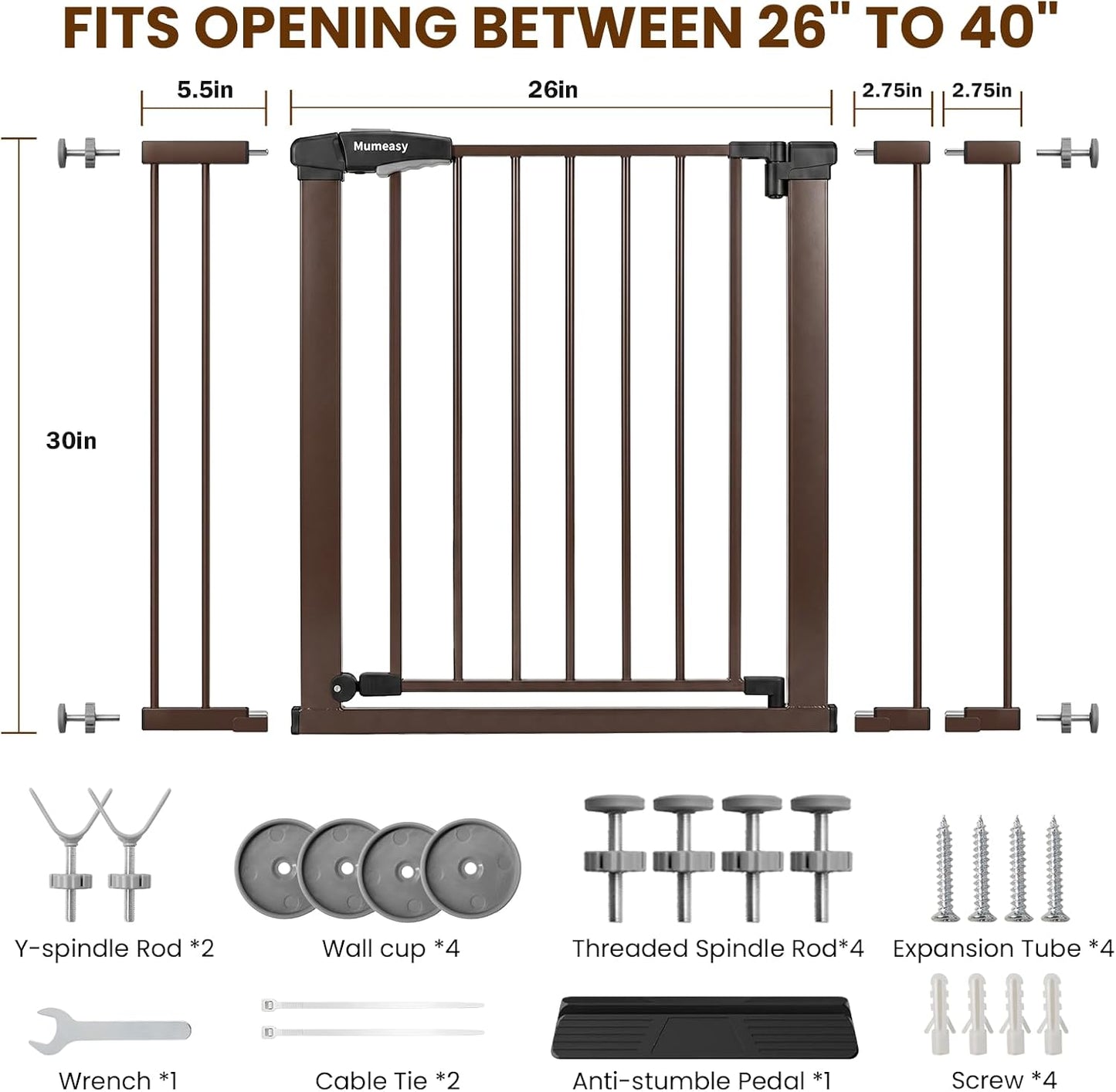 Baby Gate for Stairs, 29.7-40.6" Auto Close Dog Gate Indoor for Doorways, Dual-Lock Design, Adjustable Pet Gate No Drilling with Walk Thru Door for Hallways, Stroller Friendly, Black