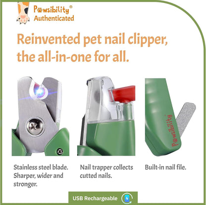 Pawsibility Pet Nail Clipper PRO 2026 - Quick-Vision LED Light | 2-Stage Adjustable Professional-Grade Blade | Adjustable Magnifier Safety Guard - for Cats, Small, Medium and Large Dogs - Brown